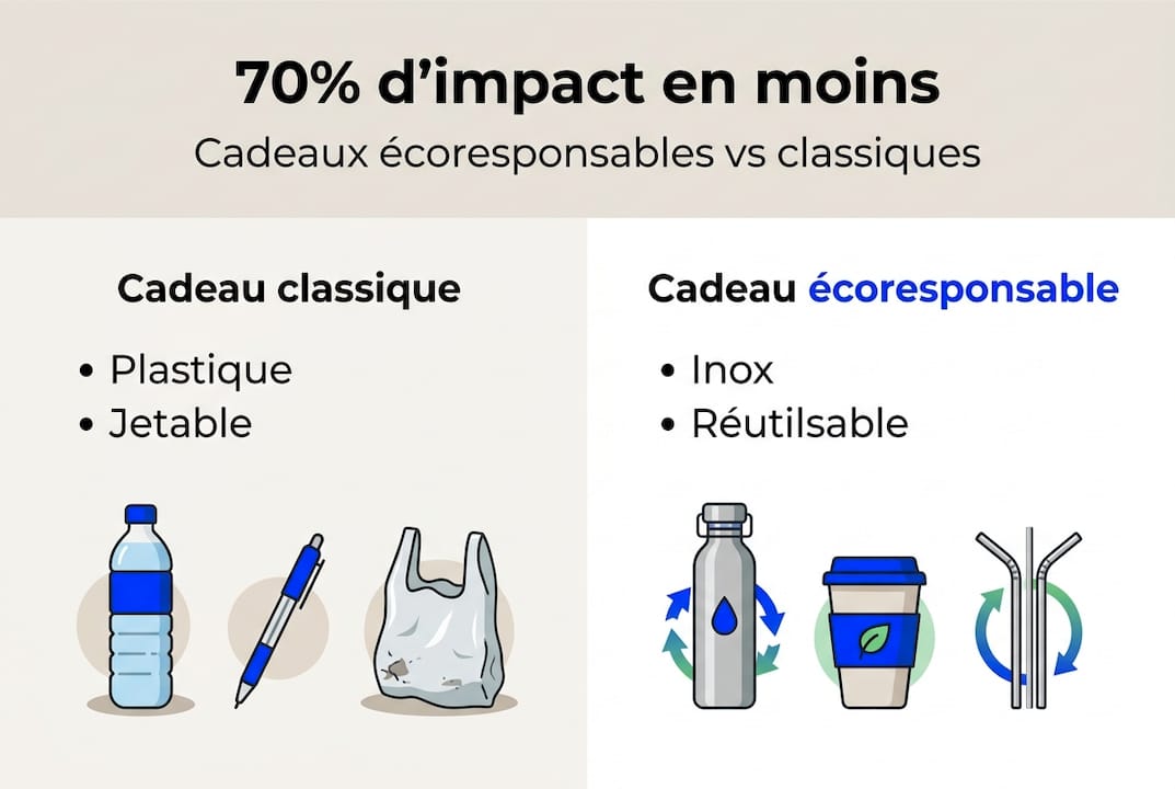 Design écoresponsable : 70% d'impact en moins pour vos cadeaux 1 Infographie : Cadeau traditionnel ou présent éco-responsable ?