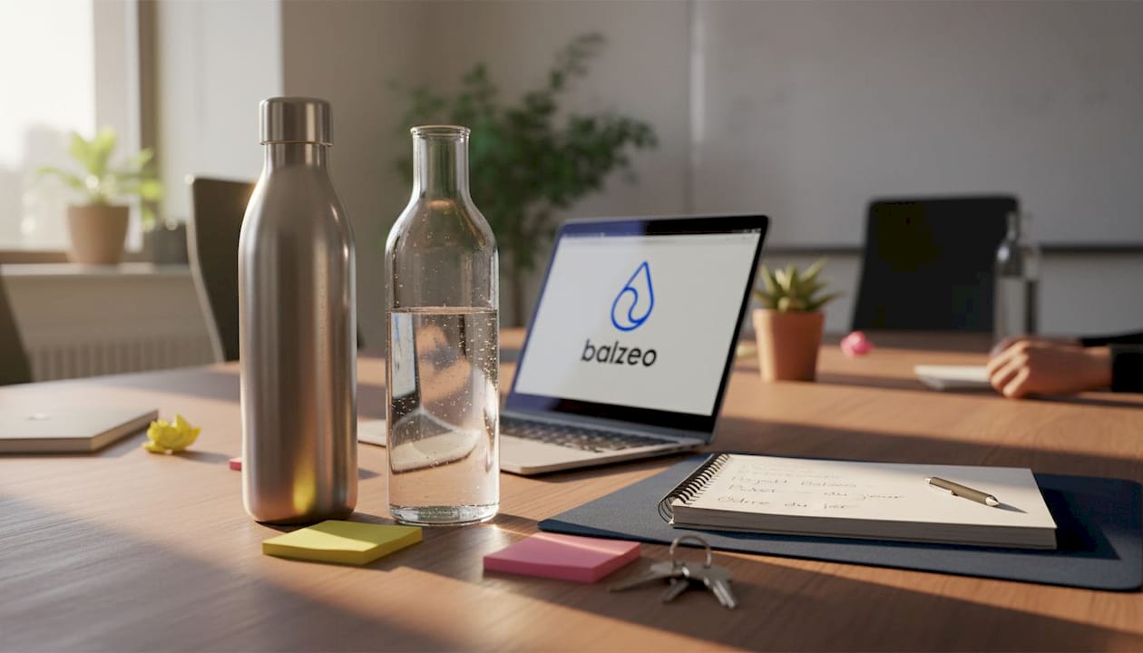 Adopter la gourde zéro déchet : 5 avantages clés pour votre entreprise 1 Deux bouteilles écologiques posées sur la table de réunion