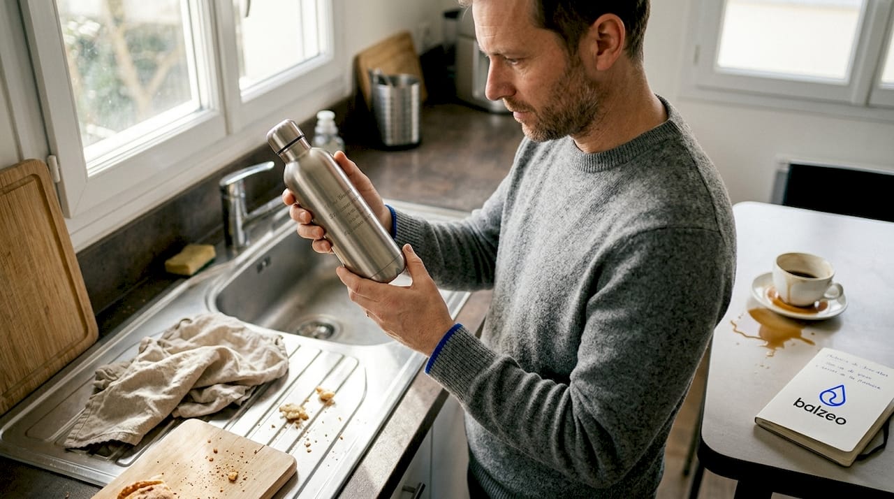 Bouteille gravée au laser : écoresponsabilité et design premium 2 Un homme examine attentivement une bouteille gravée, debout dans sa cuisine.
