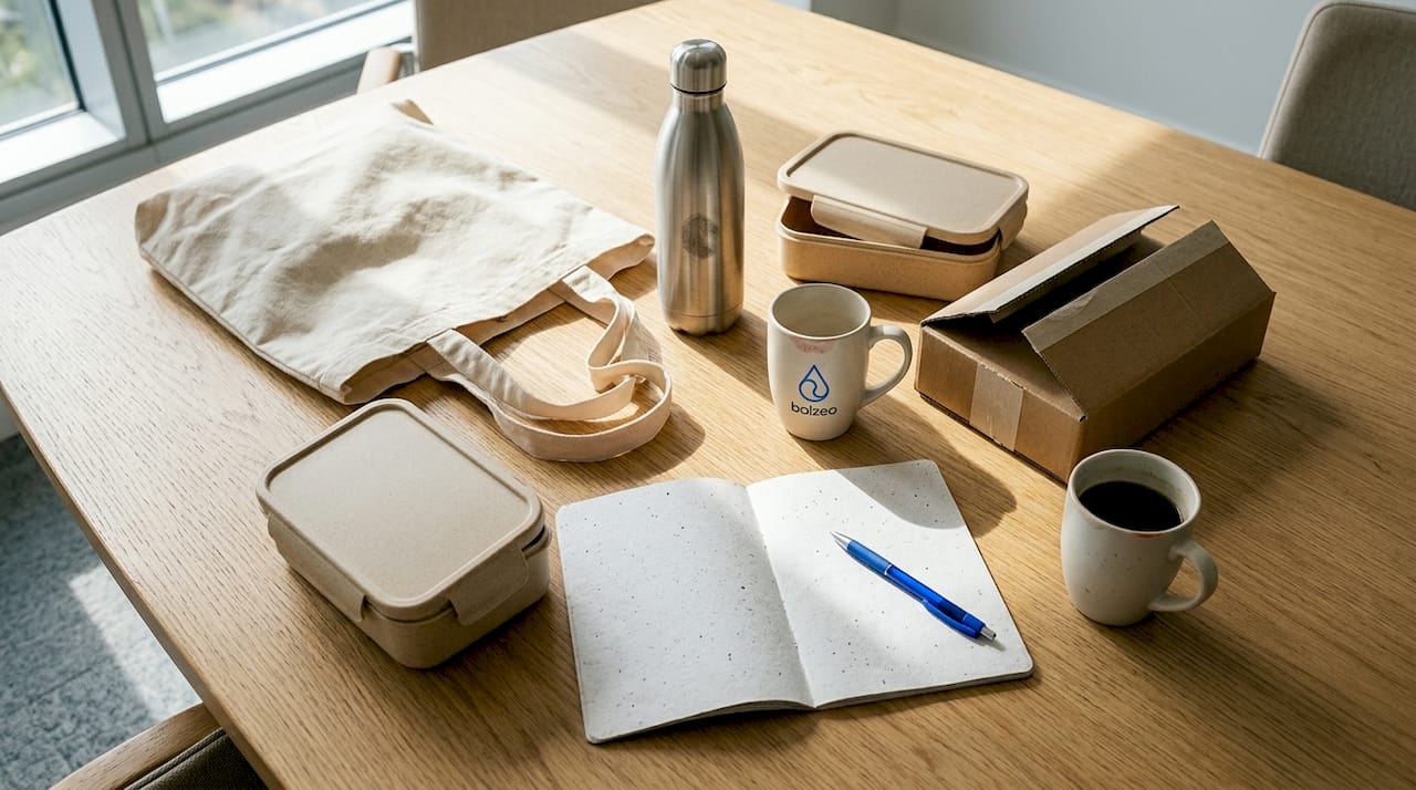 Goodies écologiques : guide des options certifiées 2026 1 Une sélection de goodies d’entreprise écoresponsables soigneusement présentés sur une table.