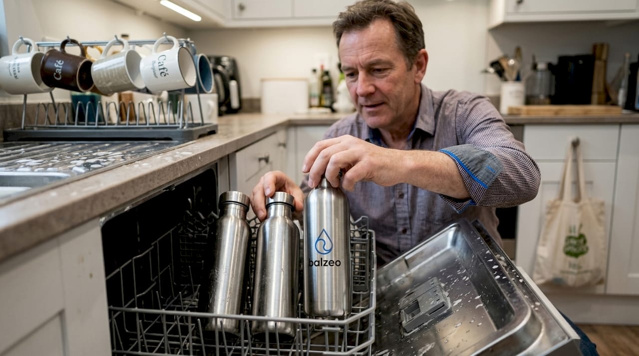 Gourde gravée au laser : cadeau écoresponsable et durable 2 Un homme place des gourdes personnalisées dans le lave-vaisselle.