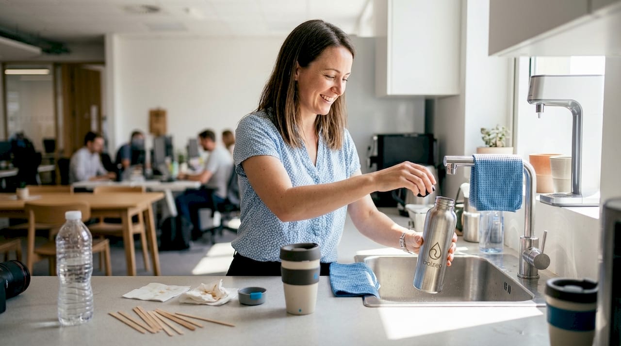 Offrir des gourdes isothermes personnalisées : 7 idées écoresponsables 1 Je remplis ma gourde en inox gravée dans la cuisine de bureau.