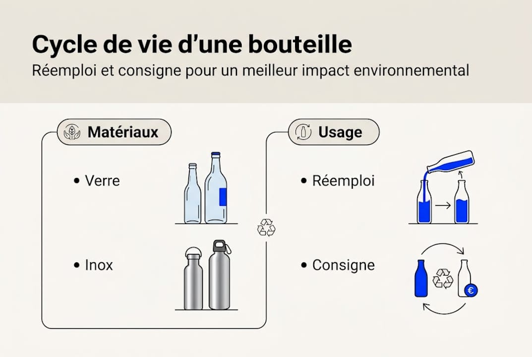 Bouteille écologique : guide complet pour un impact positif 2 Visuel explicatif sur le parcours et les conséquences des bouteilles