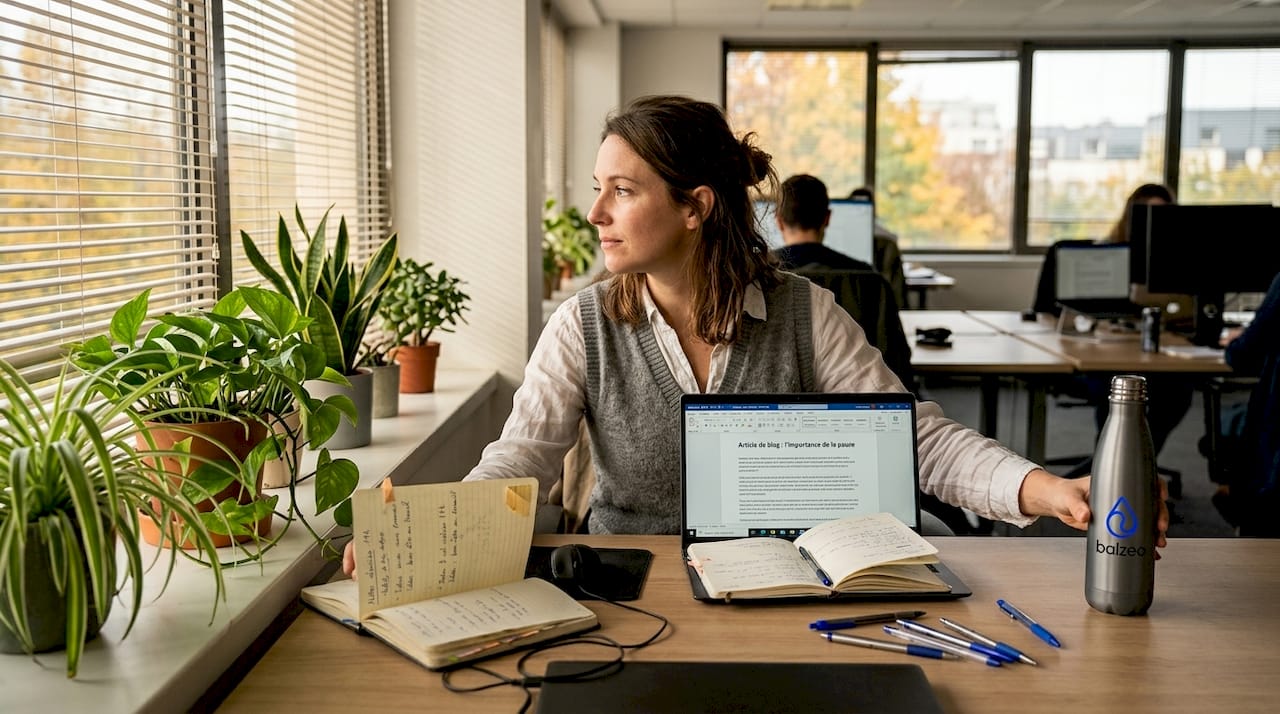 Goodie made in France : impact, qualité et engagement RSE 2 Une femme boit à sa gourde éco-responsable fabriquée en France.