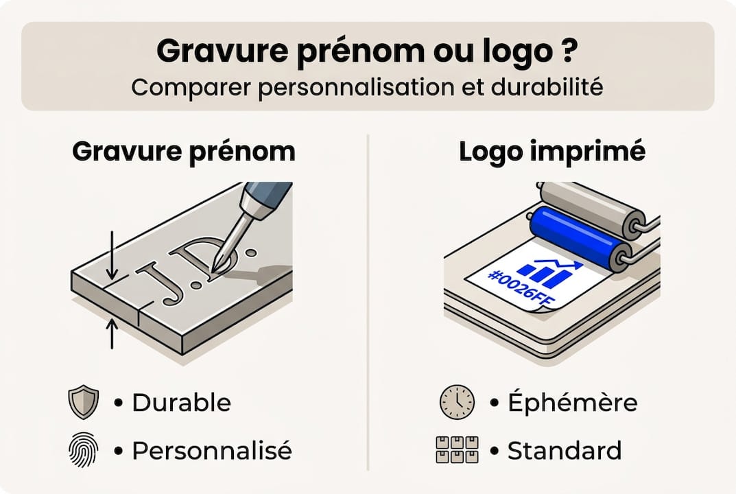 Cadeaux gravés prénom : boostez l'engagement en entreprise 2 Comparatif en image : personnalisation avec prénom ou ajout de logo
