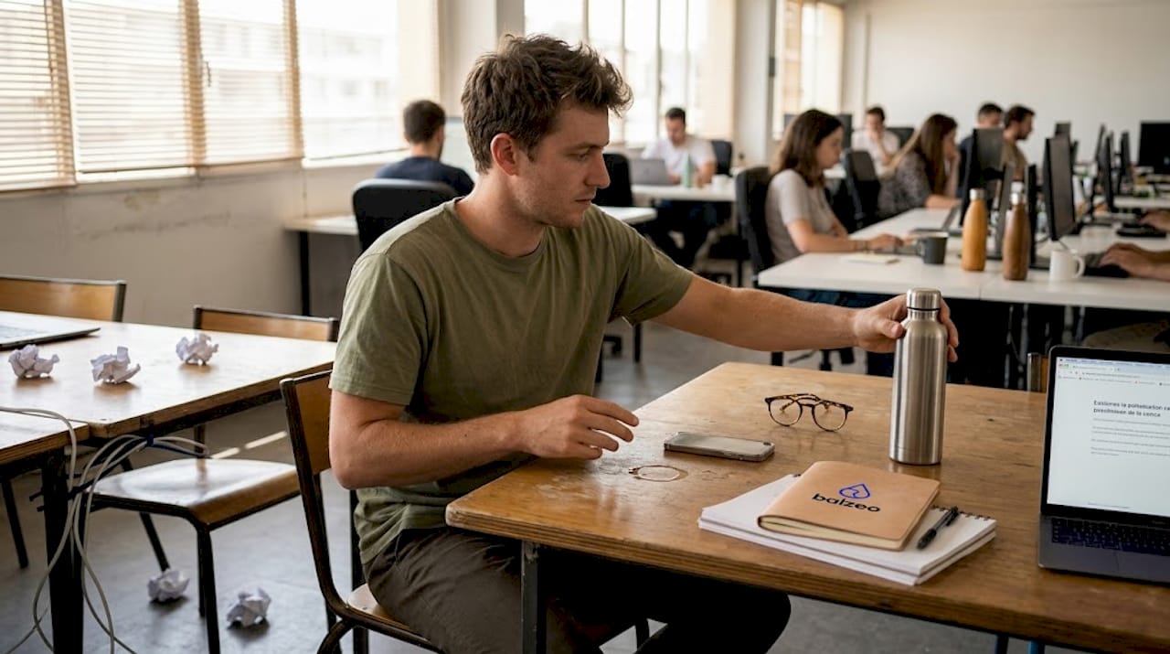 Sélectionner une gourde design : guide pratique écoresponsable 2 Dans l’open space, un salarié sirote de l’eau fraîche dans sa gourde en inox posée sur son bureau.