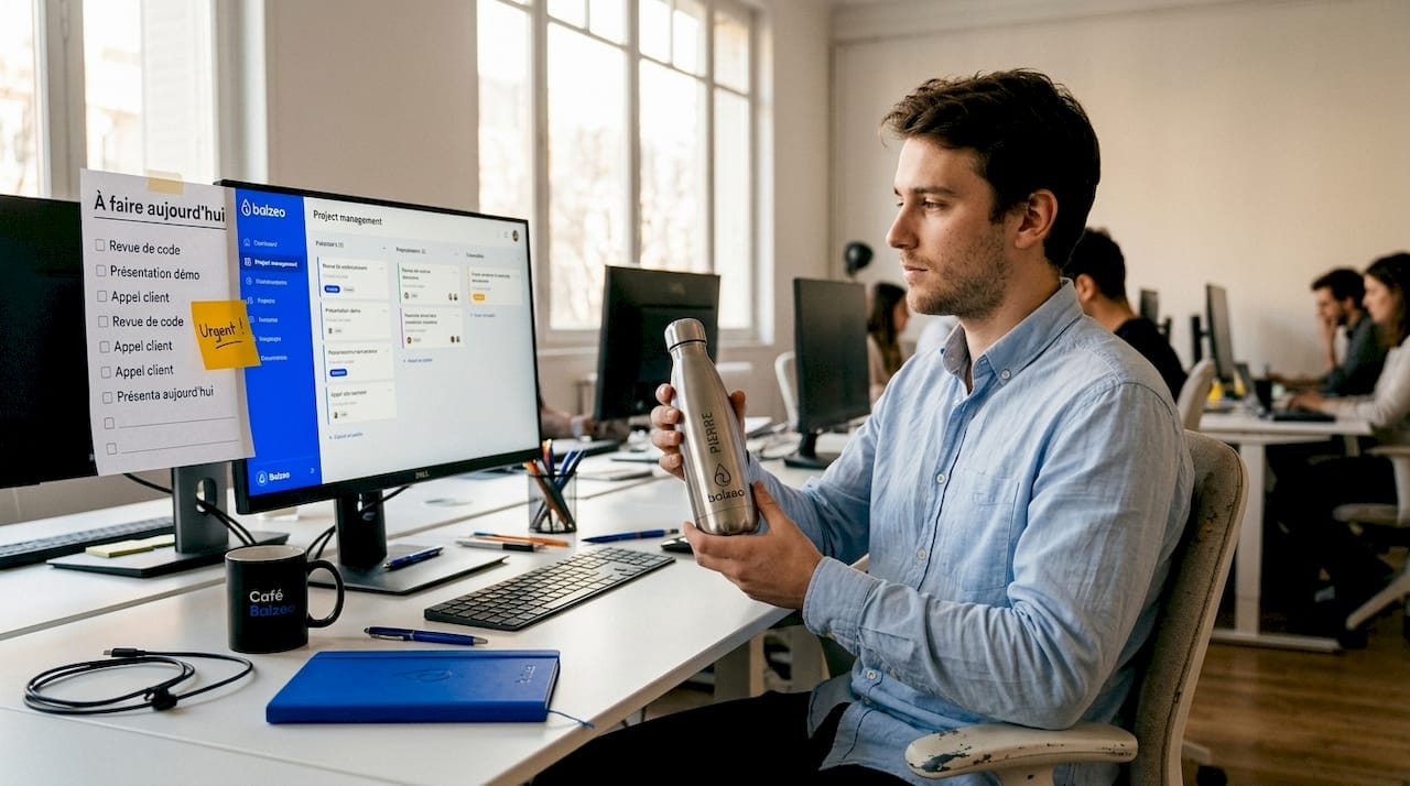 Cadeaux personnalisés : boostez engagement et RSE en entreprise 1 Un collaborateur installé à son bureau avec une gourde personnalisée à portée de main.