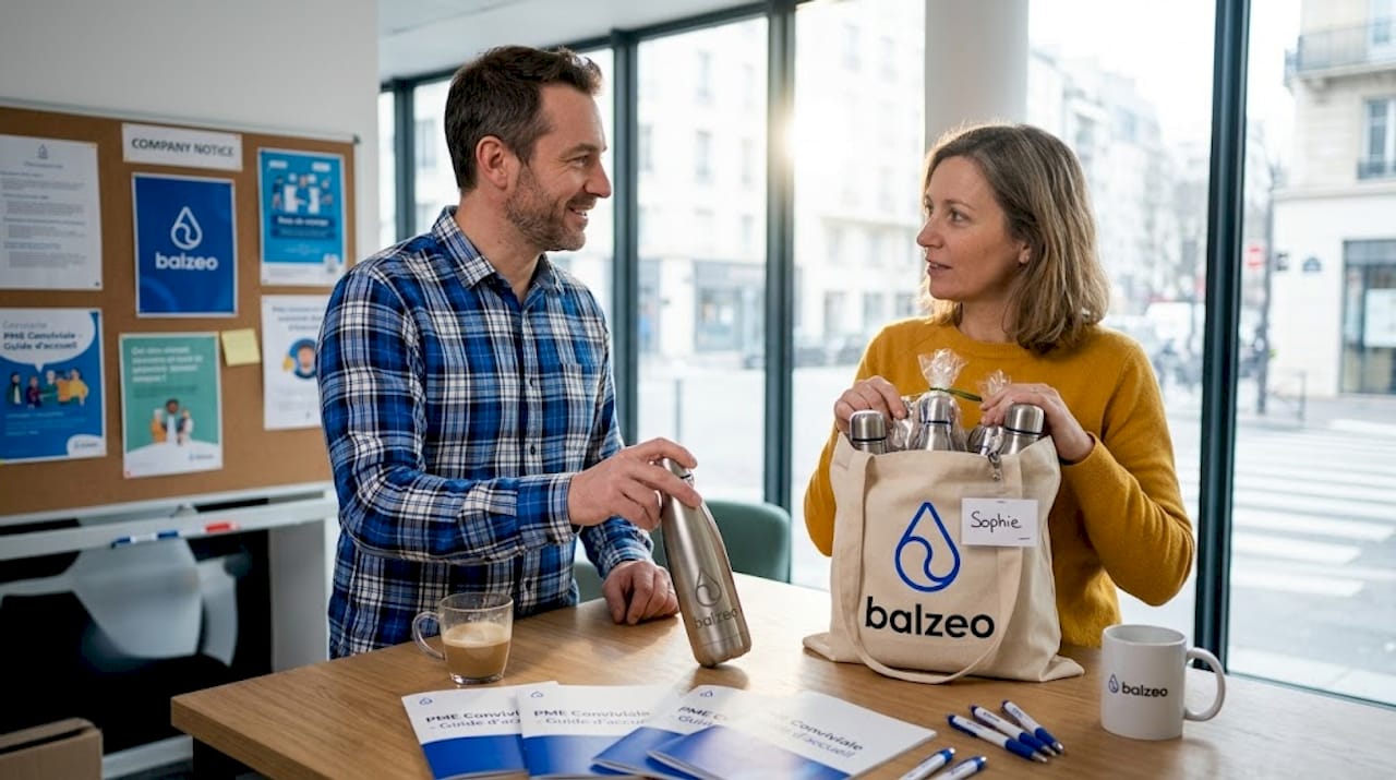 Personnalisation 360° : créer des cadeaux premium et uniques 2 Une gourde isotherme personnalisée trône sur la table de la salle de pause.