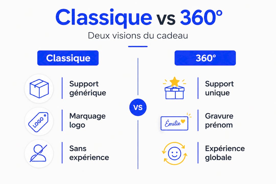 Personnalisation 360° : créer des cadeaux premium et uniques 1 Infographie : zoom sur les différences entre personnalisation classique et approche 360°