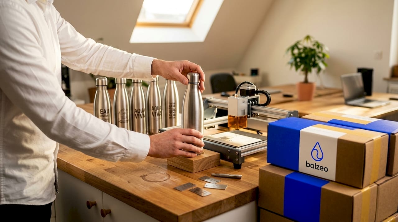 Comprendre la gravure personnalisée pour des cadeaux d'entreprise uniques 2 Des gourdes en inox personnalisées posées sur un plan de travail baigné de lumière