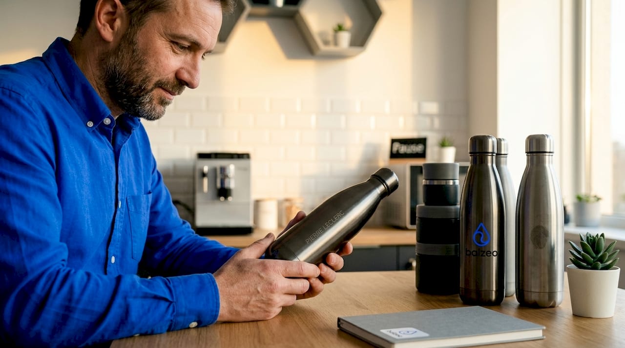 Objets personnalisés : définition, usages et conseils premium 2 Un collaborateur examine attentivement une bouteille gravée au laser pour s’assurer de la qualité du marquage.