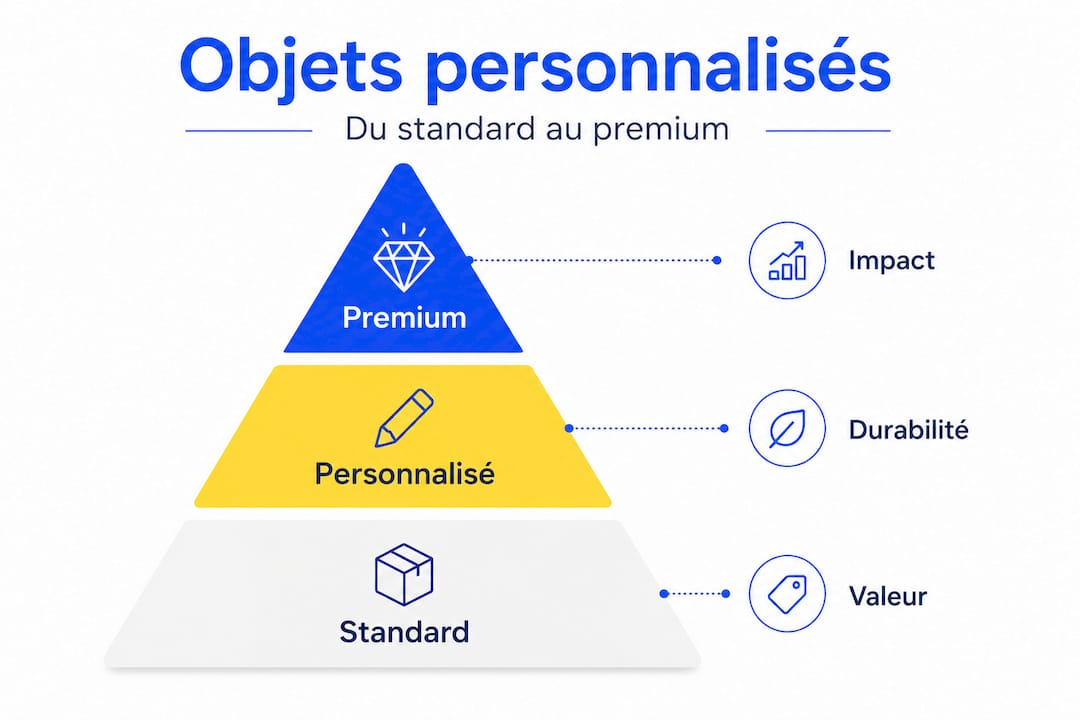 Objets personnalisés : définition, usages et conseils premium 1 Infographie en forme de pyramide illustrant les différents niveaux des objets personnalisés