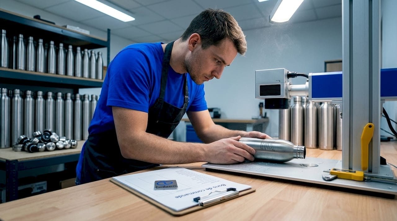 Créer des goodies personnalisés premium et écoresponsables 2 Dans son atelier, un technicien personnalise une bouteille réutilisable grâce à la gravure.