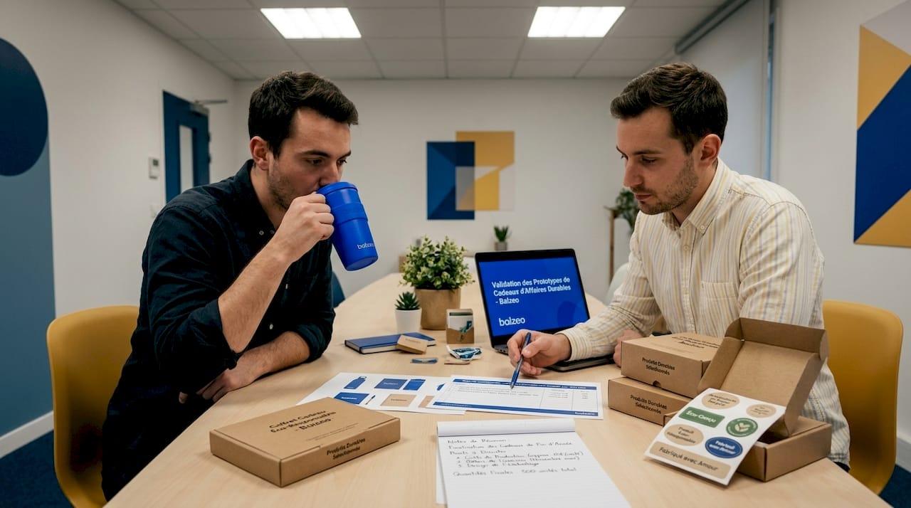 Objets publicitaires écoresponsables : astuces clés pour un impact durable 1 Des collègues passent en revue les maquettes de cadeaux écoresponsables pour valider les choix les plus respectueux de l’environnement.