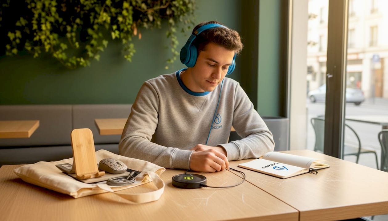 Gadgets écologiques en entreprise : renforcer l'engagement en 2026 2 Un salarié travaille à son bureau entouré d’accessoires technologiques écoresponsables.