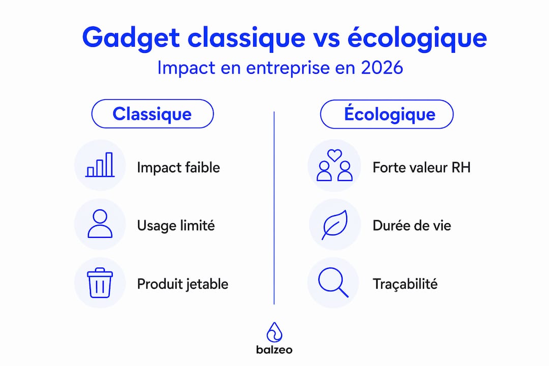 Gadgets écologiques en entreprise : renforcer l'engagement en 2026 1 Infographie : gadgets traditionnels ou alternatives écoresponsables ? Le match en chiffres