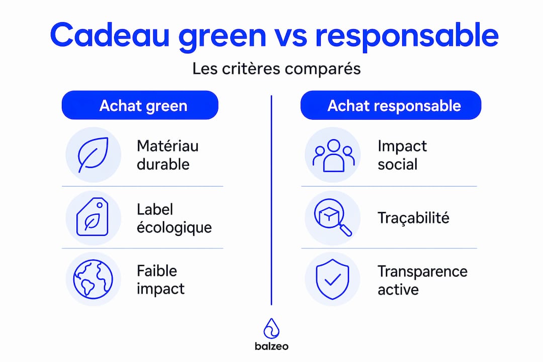 Achat responsable : guide pratique pour des cadeaux d'entreprise à impact 2 Infographie : quelles différences entre offrir un cadeau écoresponsable et un cadeau simplement vert ?