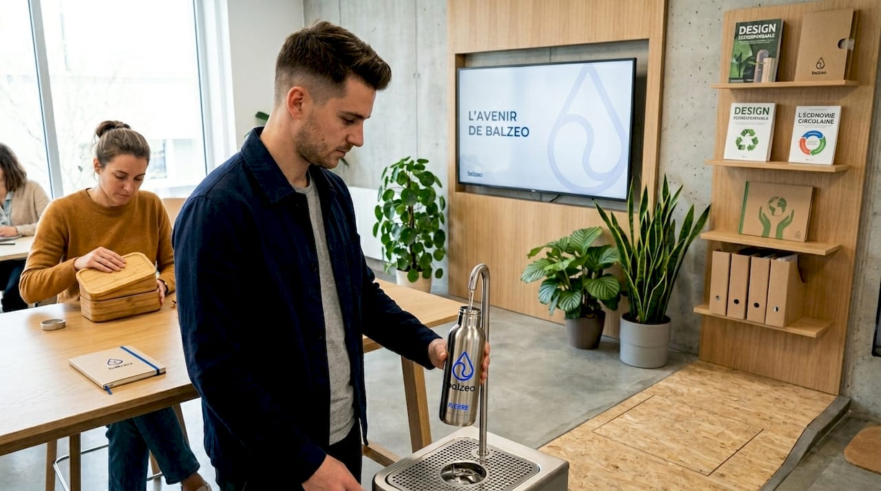 Guide cadeaux d'entreprise écoresponsables pour responsables RH 2 Dans les bureaux, un salarié remplit sa gourde en inox personnalisée à la fontaine à eau.