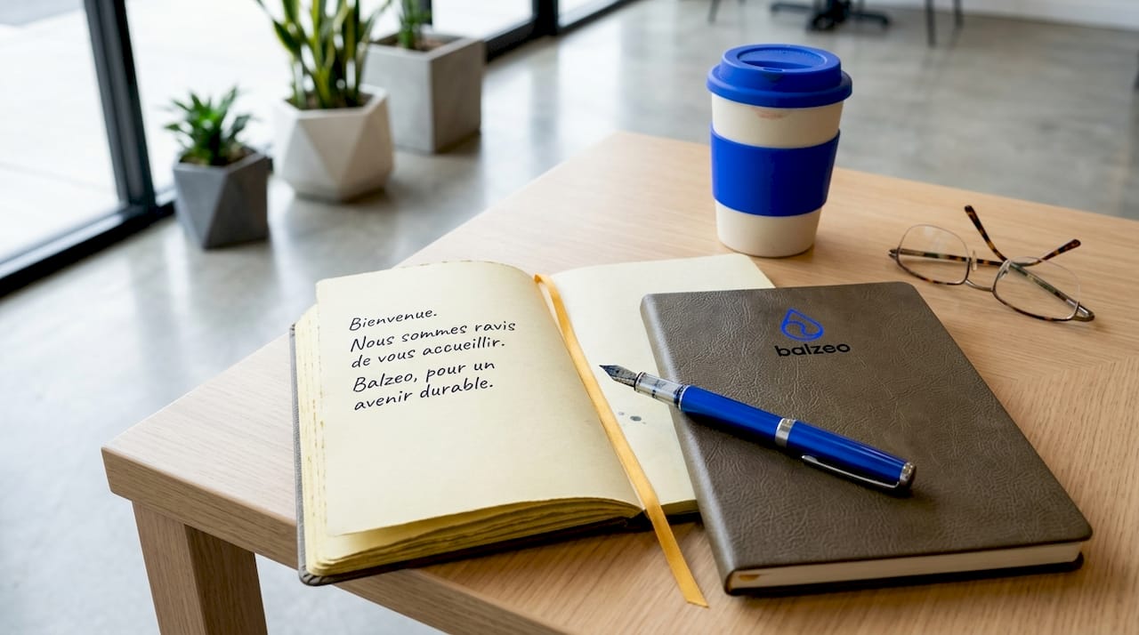 Exemples d'objets publicitaires premium pour vos équipes 1 Carnet en cuir végétal accompagné d’un petit mot de bienvenue