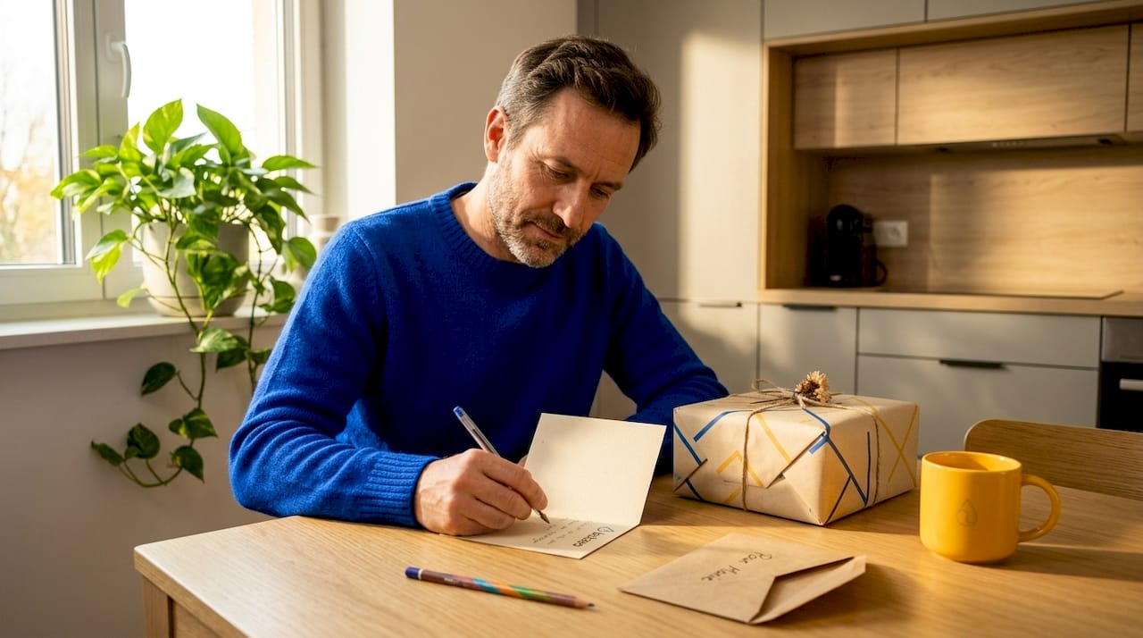 L'impact du cadeau personnalisé sur le bien-être 1 Un homme rédige un petit mot pour accompagner un cadeau personnalisé.