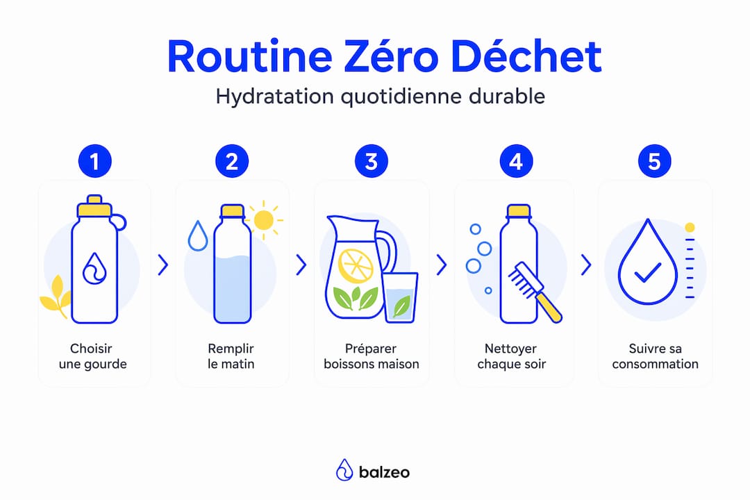 Guide hydratation zéro déchet : conseils pratiques 2026 1 Infographie : les étapes pour une hydratation écoresponsable et sans déchets