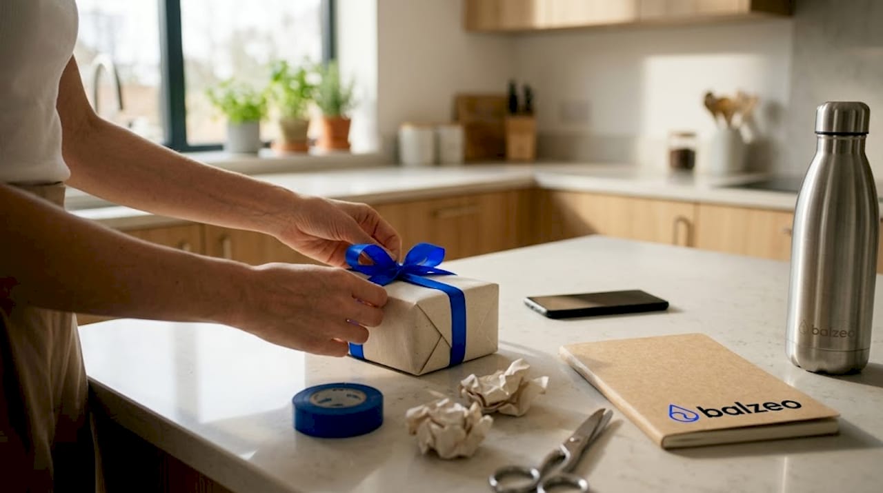Cadeau d'entreprise vs goodies : définition et différences 2 Des mains emballent un cadeau d’entreprise, entouré de petites attentions écoresponsables.