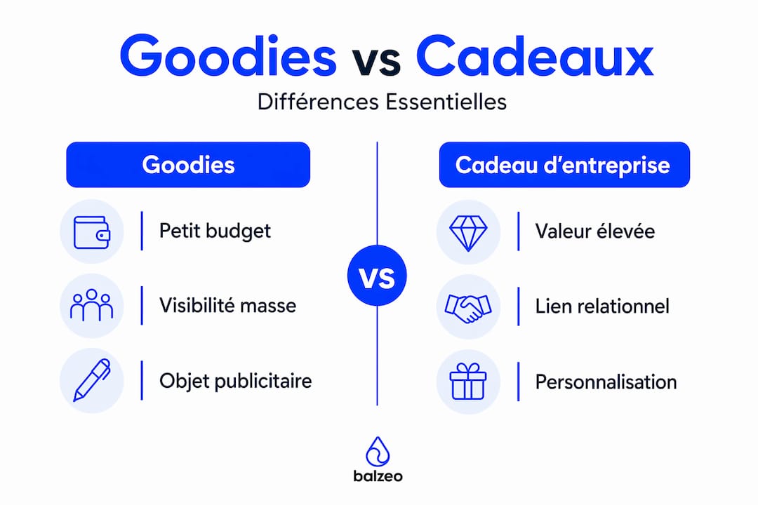 Cadeau d'entreprise vs goodies : définition et différences 1 Infographie mettant en parallèle goodies et cadeaux d'affaires : quelles différences et quels usages en entreprise ?