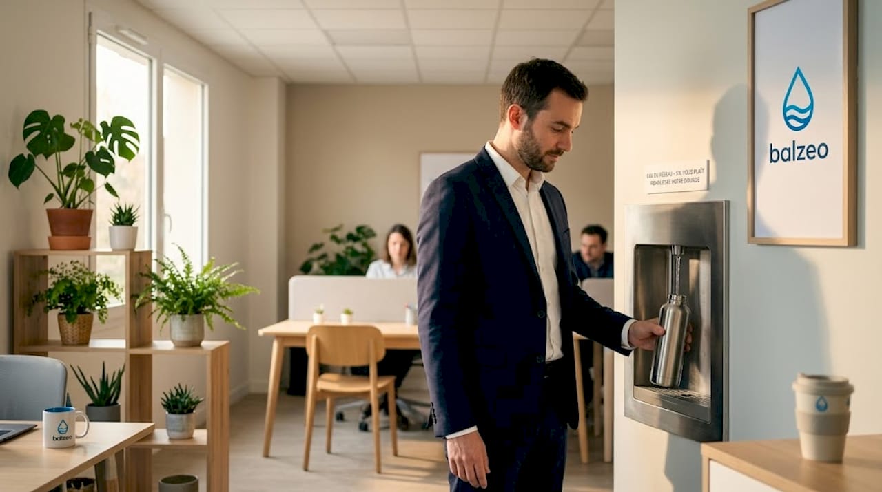 Guide hydratation en entreprise durable : plan complet 1 Un salarié remplit sa gourde à une fontaine à eau écoresponsable.