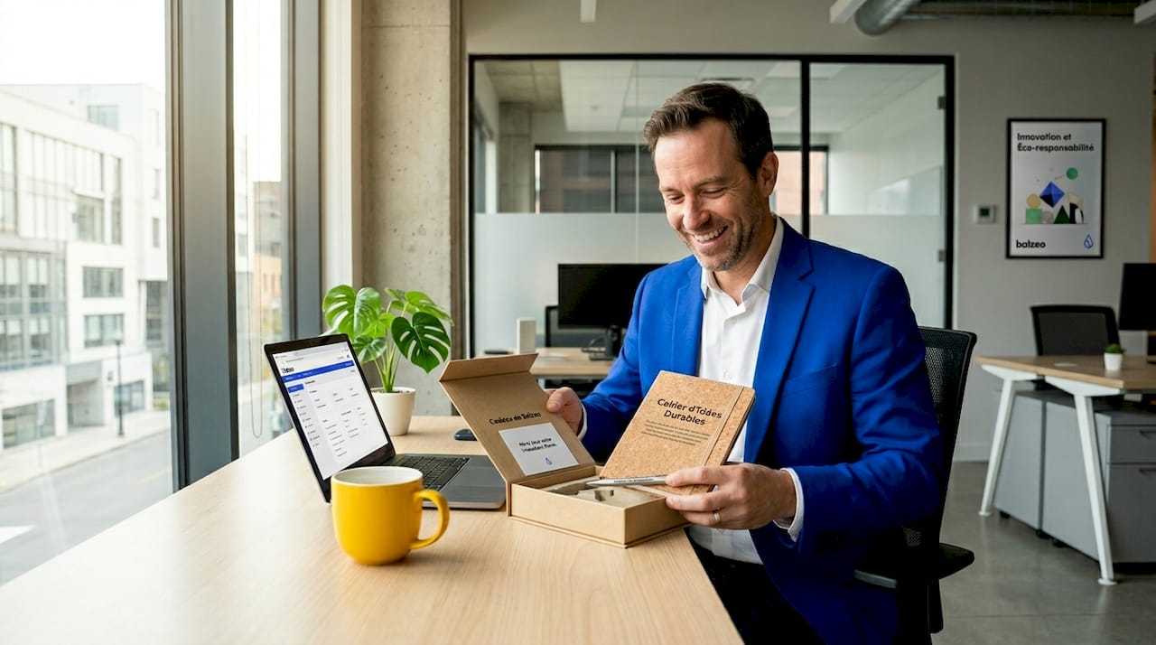 Top astuces cadeaux personnalisés : guide 2026 1 Un salarié découvre un cadeau personnalisé posé sur son bureau, un sourire se dessinant sur son visage en déballant la surprise.