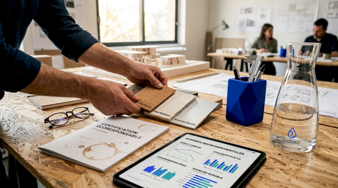 Éco-conception des objets publicitaires : guide 2026 1 Des mains découvrent et manipulent des échantillons de matériaux respectueux de l’environnement.