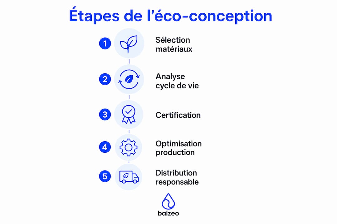 Éco-conception des objets publicitaires : guide 2026 2 Infographie présentant les différentes étapes du processus d’éco-conception
