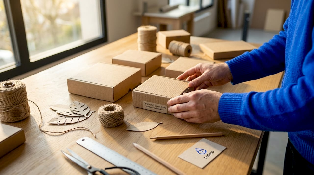 Types de packaging écoresponsable : guide 2026 1 Des mains inspectent un emballage en papier respectueux de l’environnement.