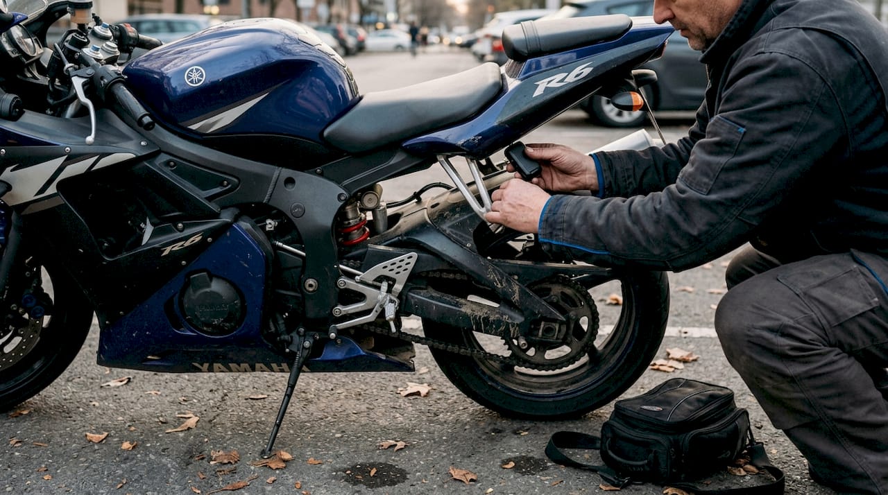 Pose d’un traceur GPS sous la selle d’une moto