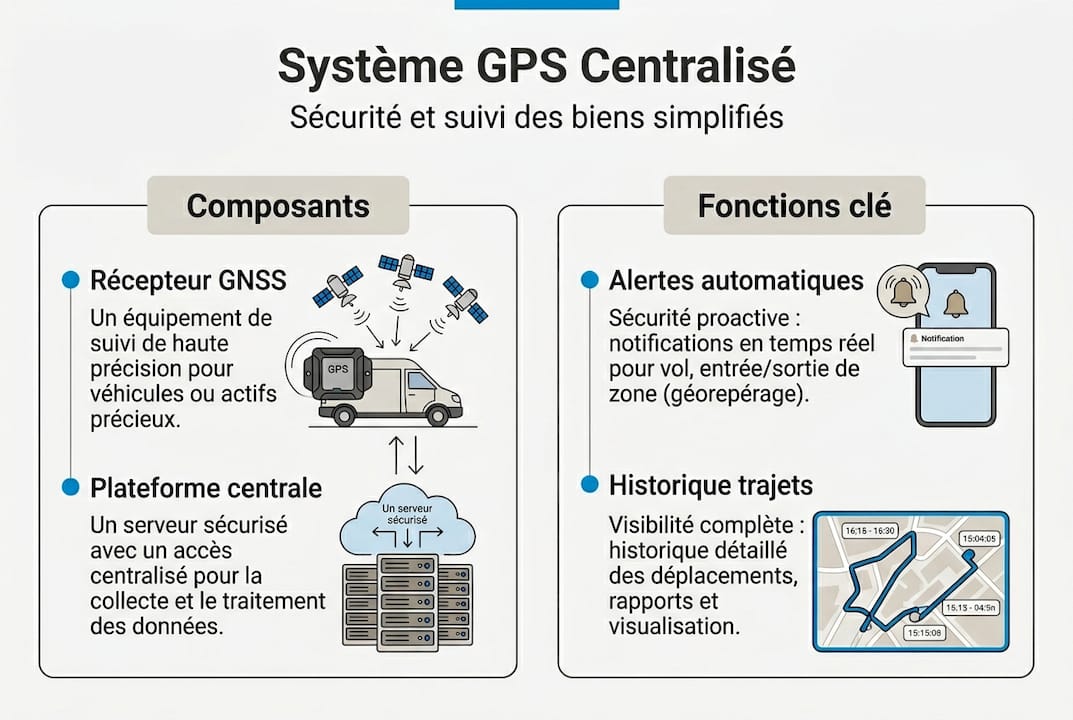 Présentation visuelle du système GPS centralisé : découvrez comment fonctionne cette technologie au cœur de la gestion des déplacements.