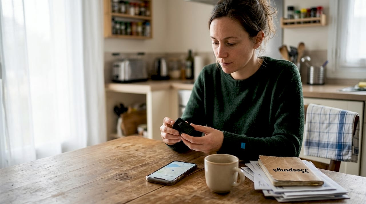 Assise à la table de la cuisine, une femme examine attentivement un traceur GPS.