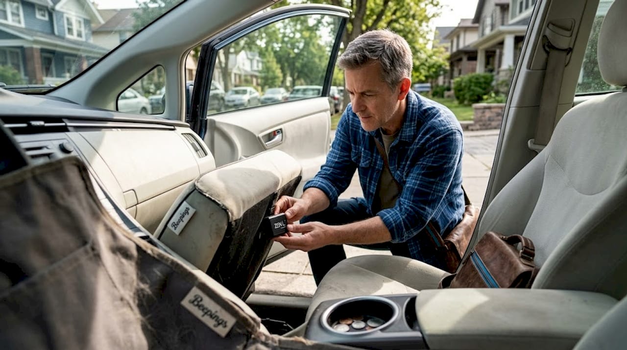 Un homme est en train d’installer un boîtier GPS dans sa voiture.