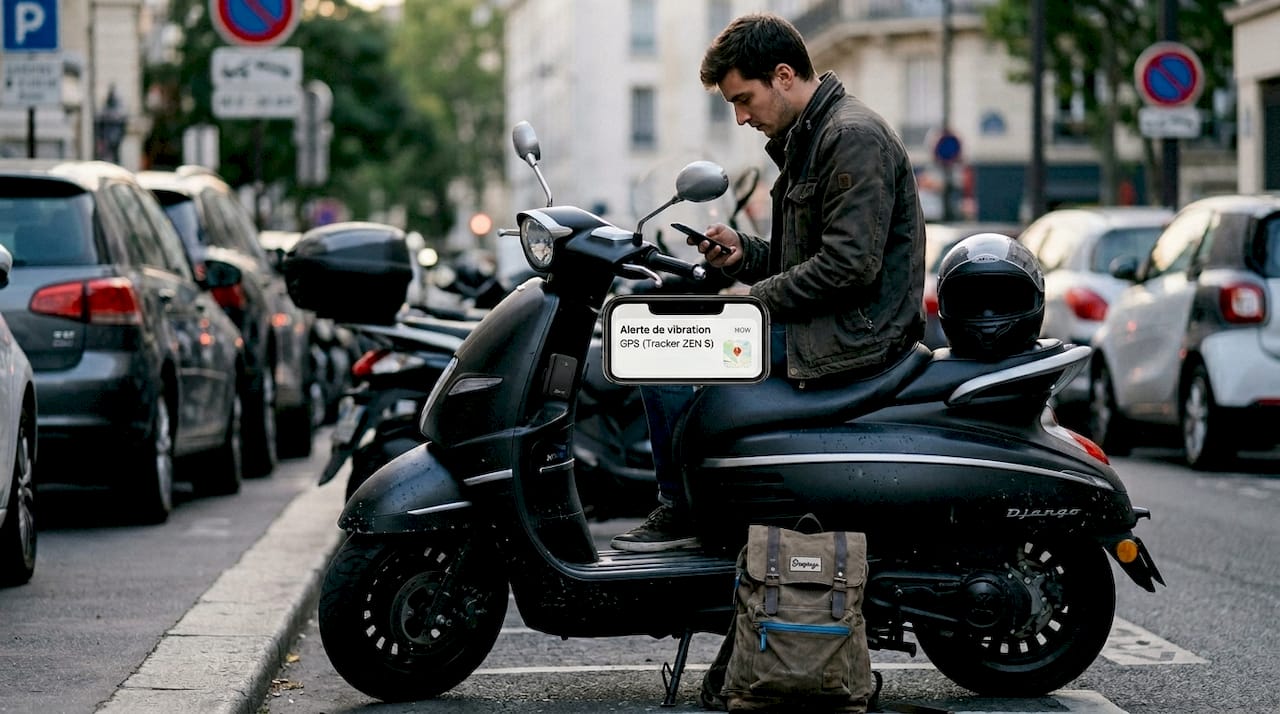 Système d’alerte antivol pour moto avec détection de vibrations et localisation GPS, idéal pour le stationnement en ville.