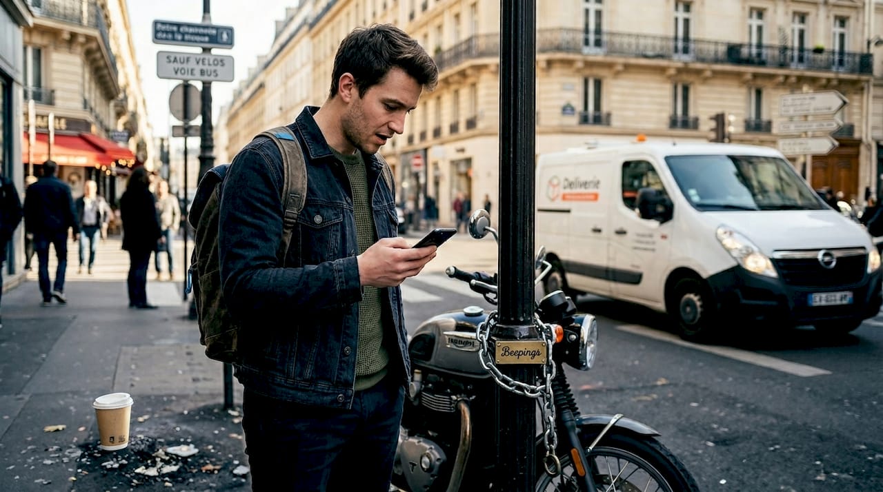 Un homme reçoit une notification de mouvement concernant sa moto stationnée.