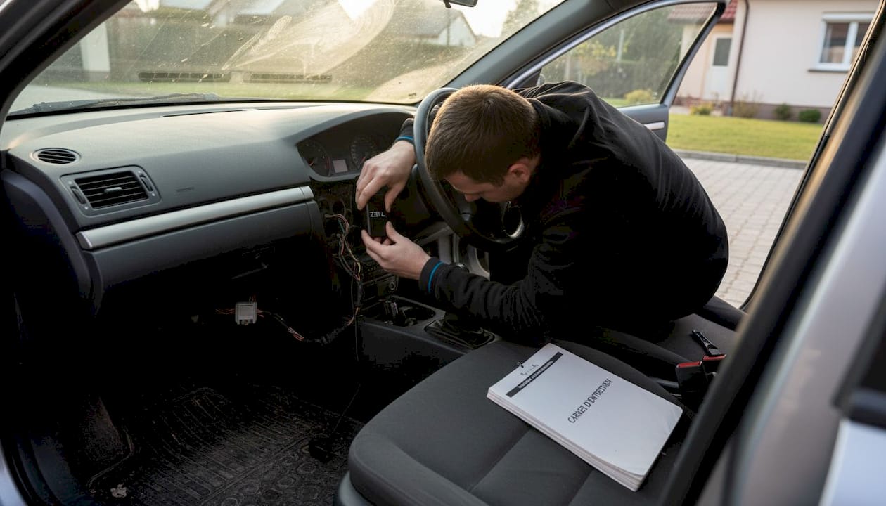 Un professionnel installe un système de géolocalisation GPS à bord d’un véhicule.