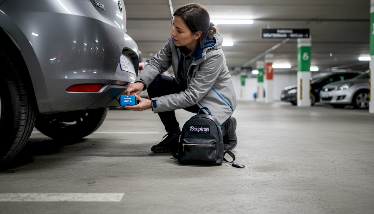 Une femme en train d’installer un boîtier GPS sur sa voiture