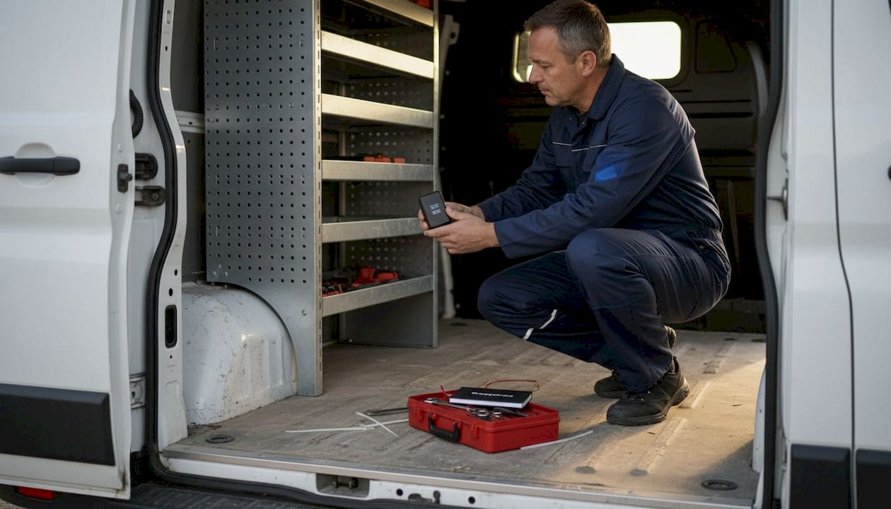 Un spécialiste procède à la pose discrète d’un boîtier GPS à l’intérieur d’une fourgonnette.