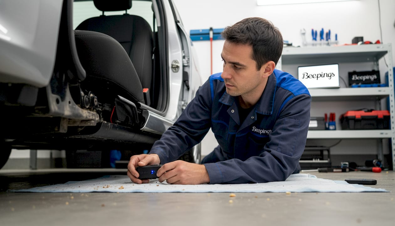 Un technicien installe un boîtier GPS discret sous le siège d'une voiture.