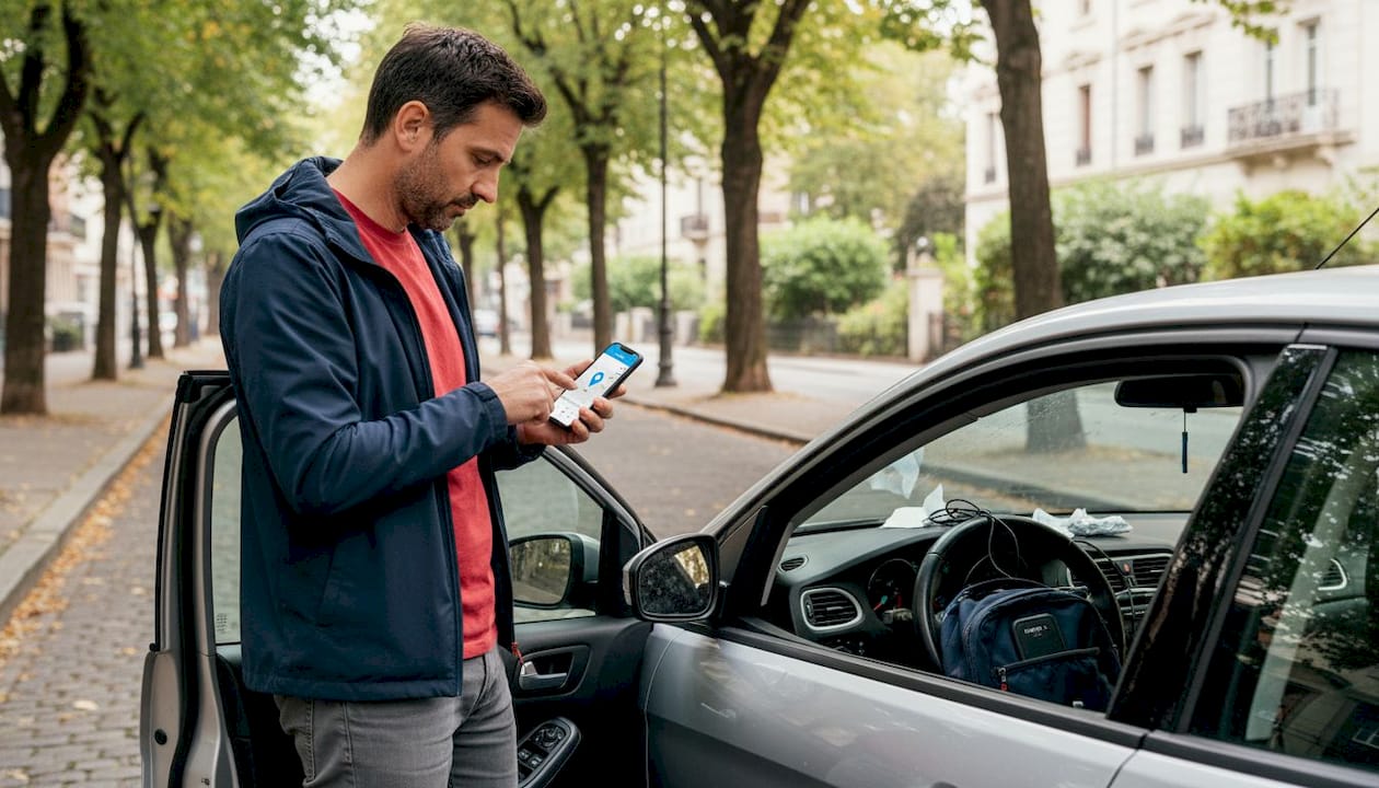 Un homme cherche sa voiture dans la rue en utilisant l'application GPS de son smartphone.