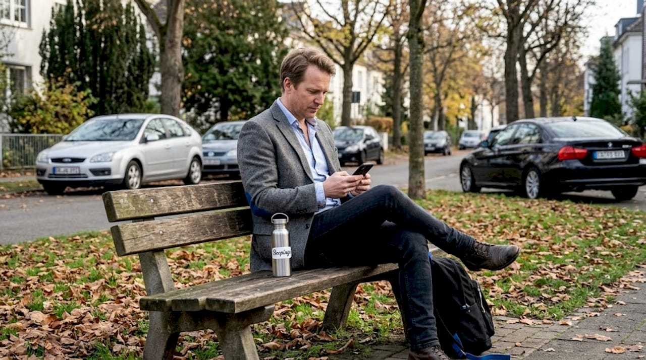 Un passant consulte la localisation sur son smartphone en se promenant dans le parc.