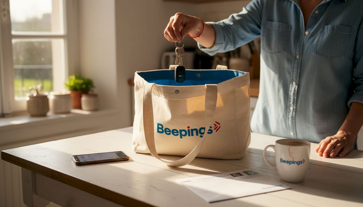 Une femme glisse ses clés équipées d’un dispositif de suivi dans son sac cabas.