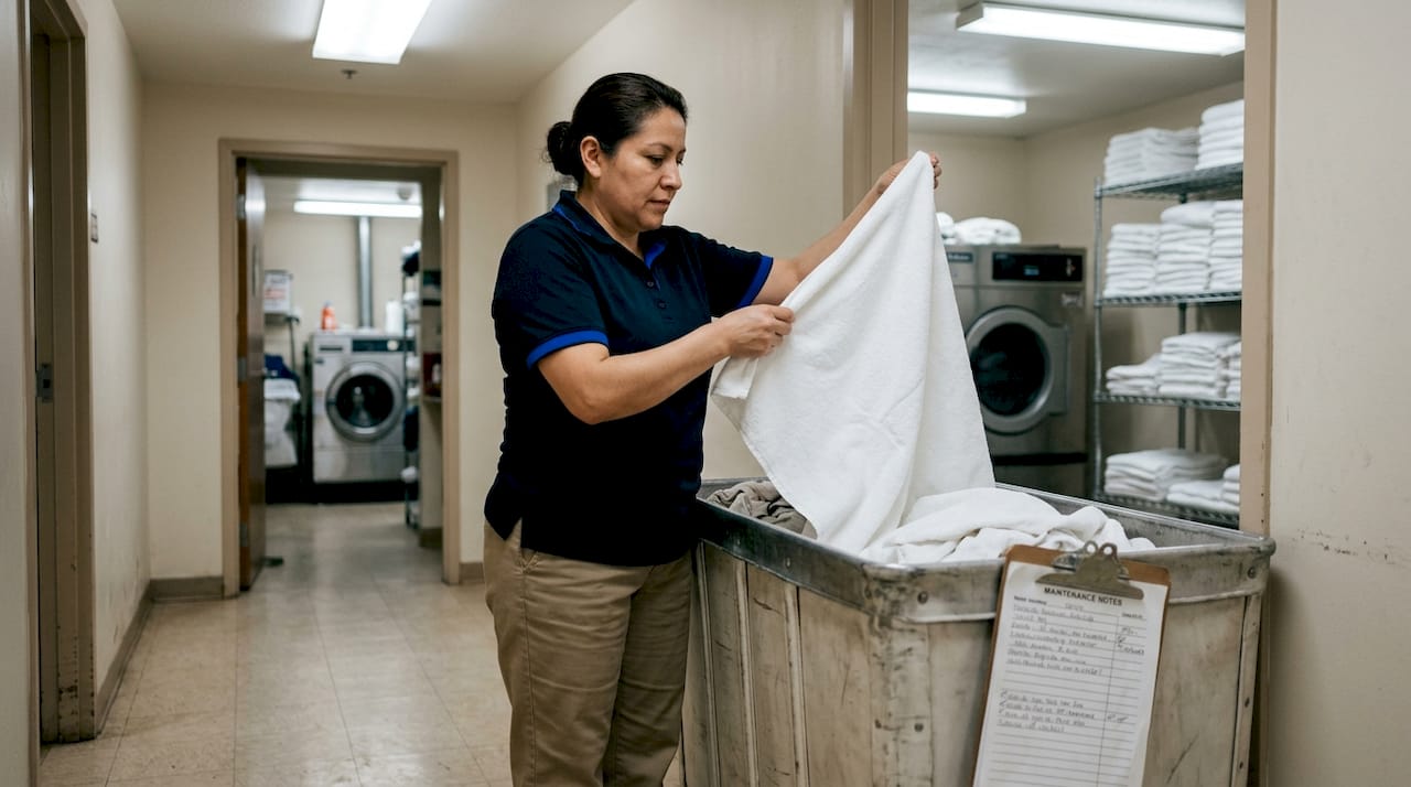 Supervisor inspecting clean towels in hotel laundry