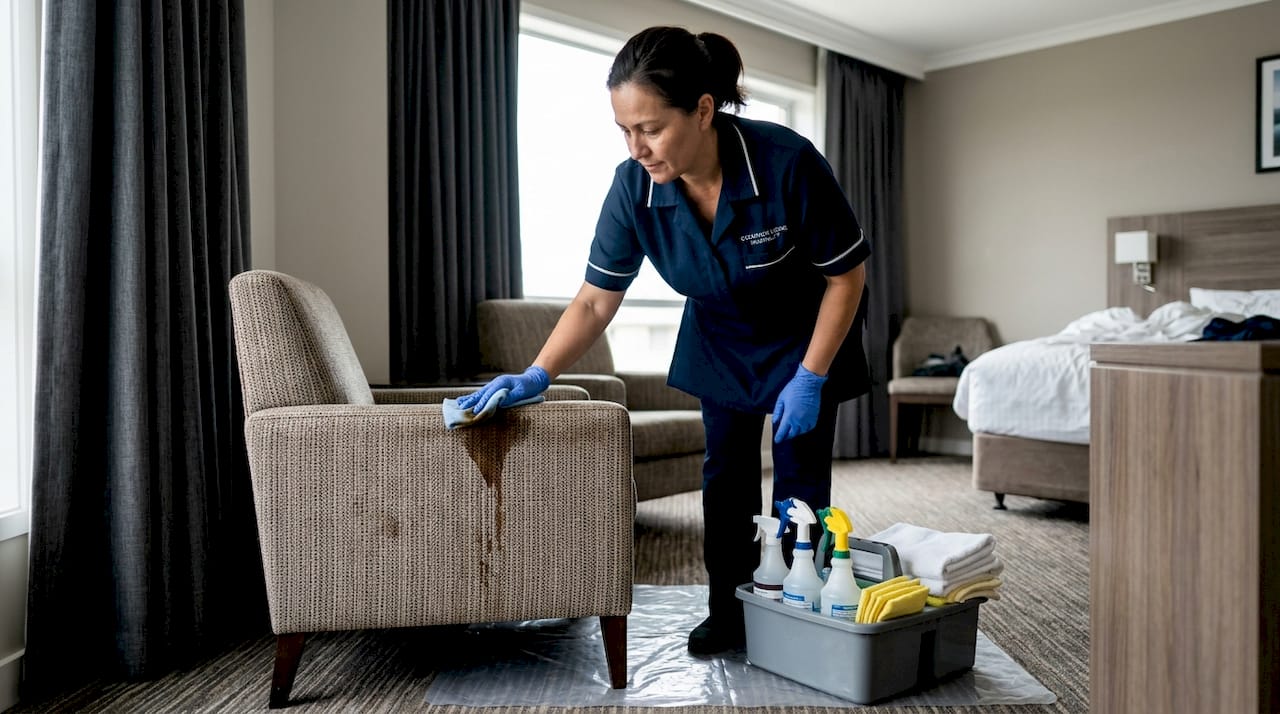 Housekeeper cleaning spill from hotel chair
