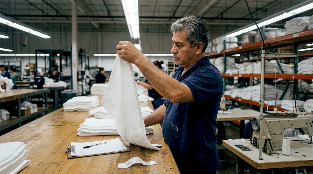 Worker checking hotel towel quality in factory