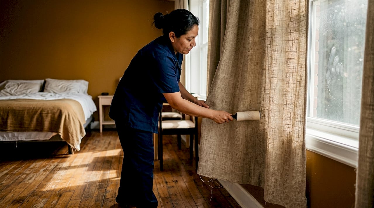 Staff tending textured curtain in guest room