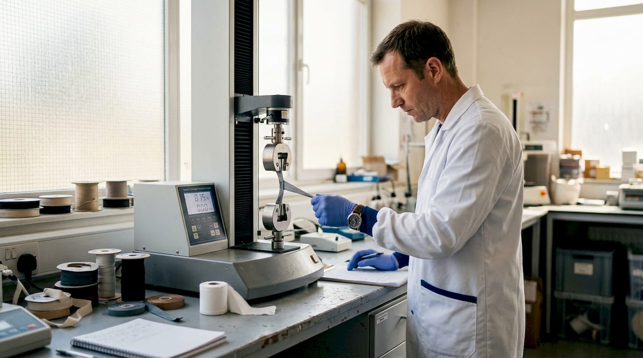 Technician performing fabric tensile strength test